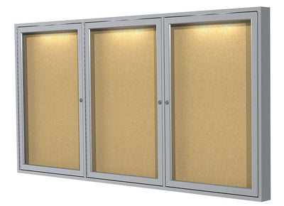 Ghent 3-Door Aluminum Frame Enclosed Natural Cork Bulletin Board w/ Concealed Lighting (CPA33672K)
