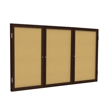 Ghent 3-Door Wood Frame Walnut Finish Enclosed Bulletin Board - Natural Cork (PN33672K)