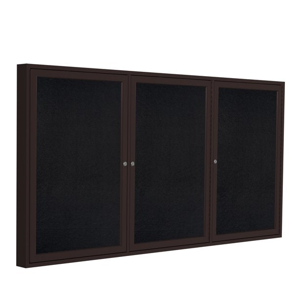 Ghent 3-Door Bronze Aluminum Frame Enclosed Recycled Rubber Bulletin Board - Black (PB33672TR-BK)